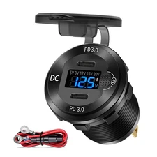 12V USB C Voltmeter Dual PD3.0 Car Fast Phone Charger Socket for Boat Marine RV