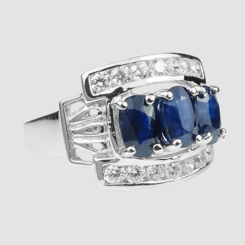 Royal Blue Sapphire 1.90Ct 925 Sterling Silver Three Stone Fine Jewelry Rings - Picture 3 of 9