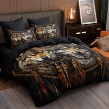 Wolf Dreamcatcher Queen Comforter Set 3-Piece Rustic Nature Bedding Black Brown