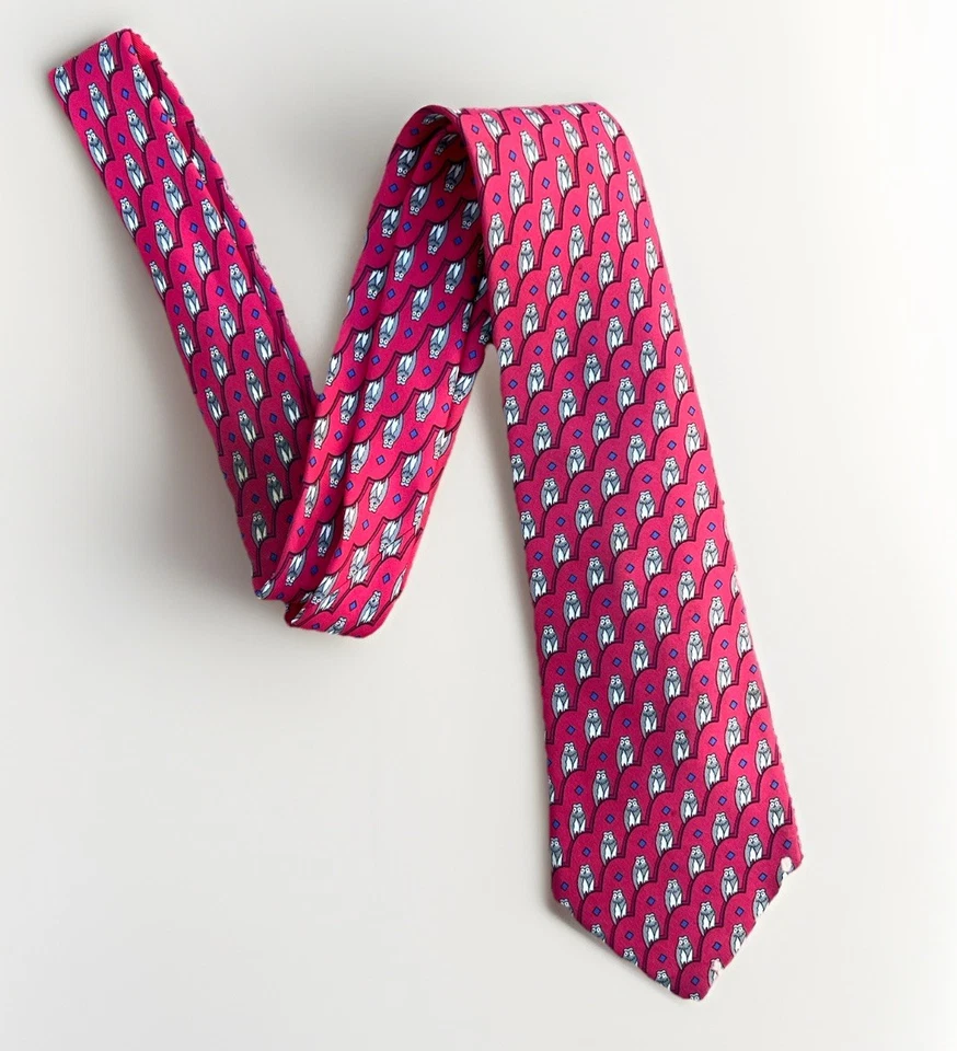 Corbata de seda vintage HERMES rojo estampado búhos 7167 FA hecha en Francia **Leer Foto 4 de 4