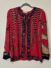 Vintage Silk Sequin 80s Jacket Gold Red Retro Glam Funky Cocktail EUC M Beaded
