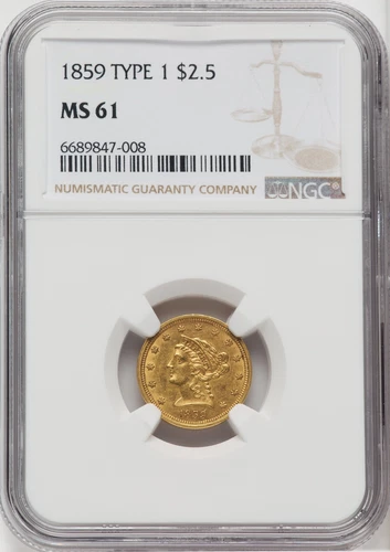 1859 $2 1/2 Old Reverse, Type One, MS61 NGC.