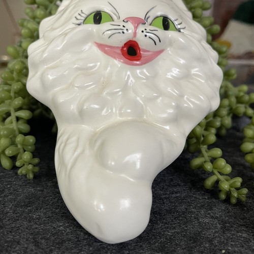 Vaso da appendere e porta incenso gatto persiano bianco ceramica vintage - Foto 4 di 12