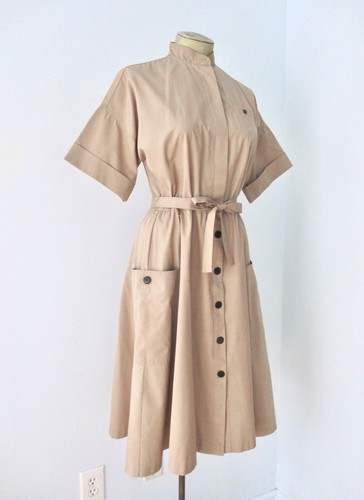 Vintage 70er 80er khaki Safari Kleid Knopfleiste Taschen gebänderter Kragen Bindegürtel L/XL - Bild 4 von 5