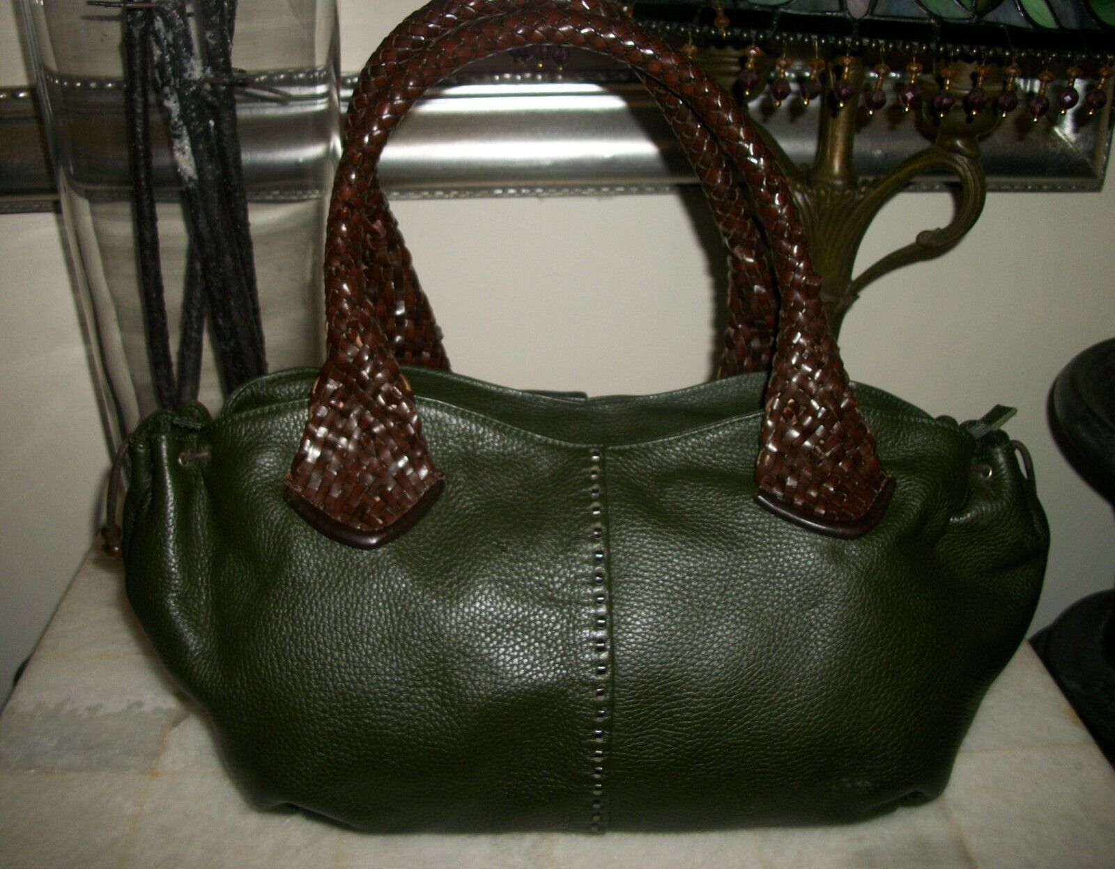  PAOLO MASI ITALY Handbag Pebbled Leather Dark Hunter Green Woven Handles $495
