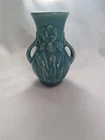 Vintage aqua turquoise double-handled iris 5" bud vase - Shawnee?