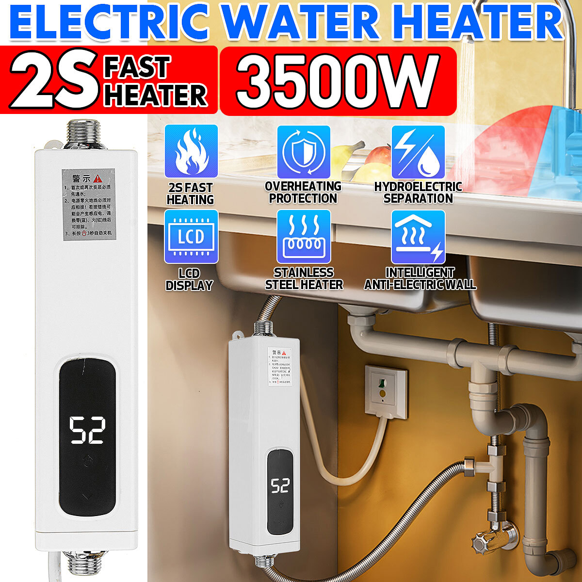 3500-5400W Instant Hot Water Heater Electric Shower Head Faucet Tankless  Kitchen | eBay