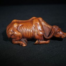 4.0-inch Old Collectible Boxwood Finely Carved Sleep Cow Statue Ornament