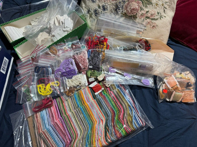Vintage Needlepoint Embroidery Cross Stitching Lot- books, thread, kits etc
