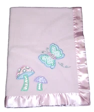 Kidsline Pink Butterfly Mushroom Satin Trim Fleece Baby Blanket Security Lovey