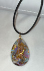 Handmade Artisan Fused Glass Teardrop 16" Necklace Gold Pink Blue w/ Black Cord