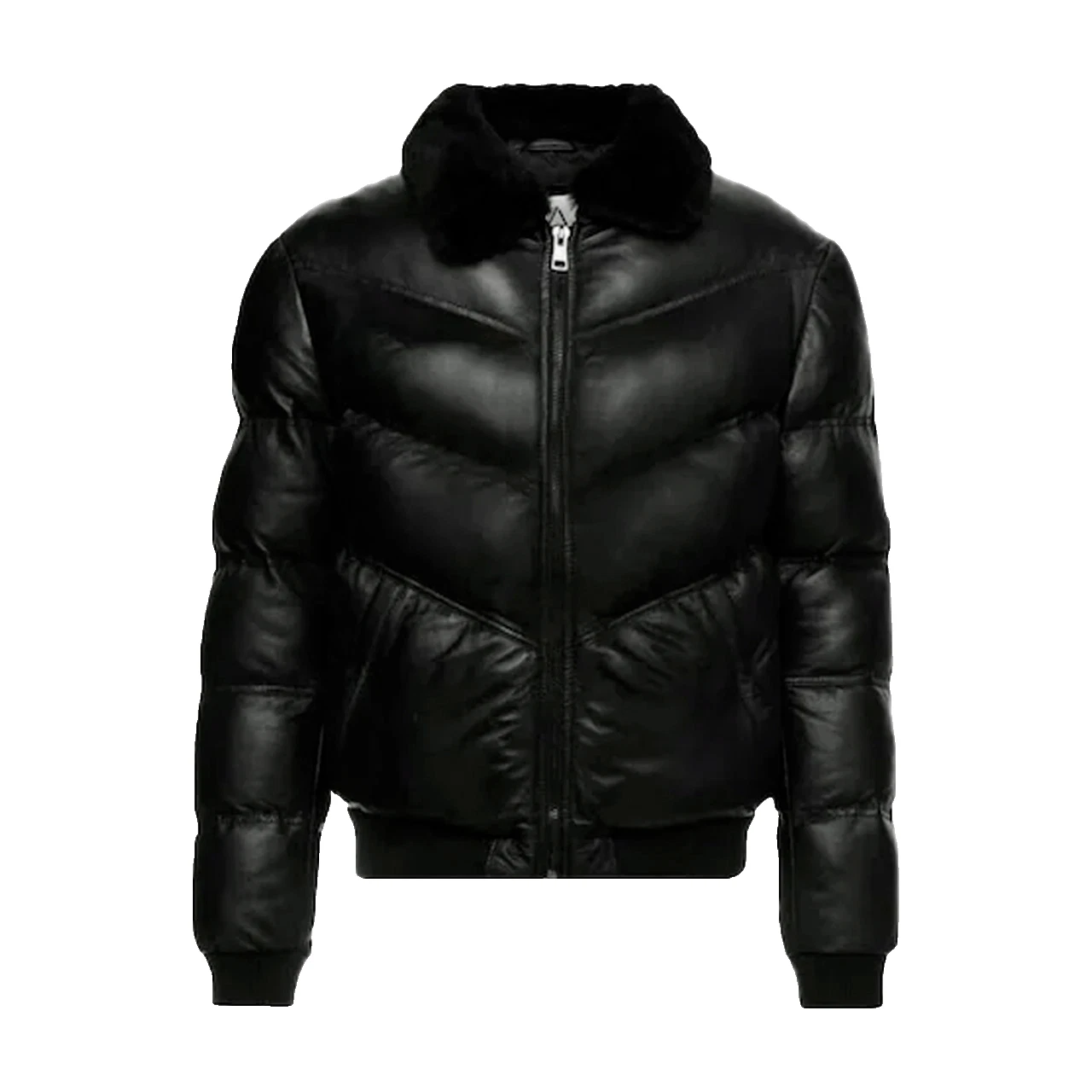 Men's Black Puffer Leather Bomber Jacket with Fur Collar - Genuine Leather, Warm