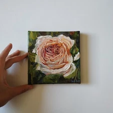 Cream rose original oil painting mini still life 6x6''
