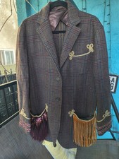 Vintage Sequined Checked Wool Blazer Jacket Fringe Detail