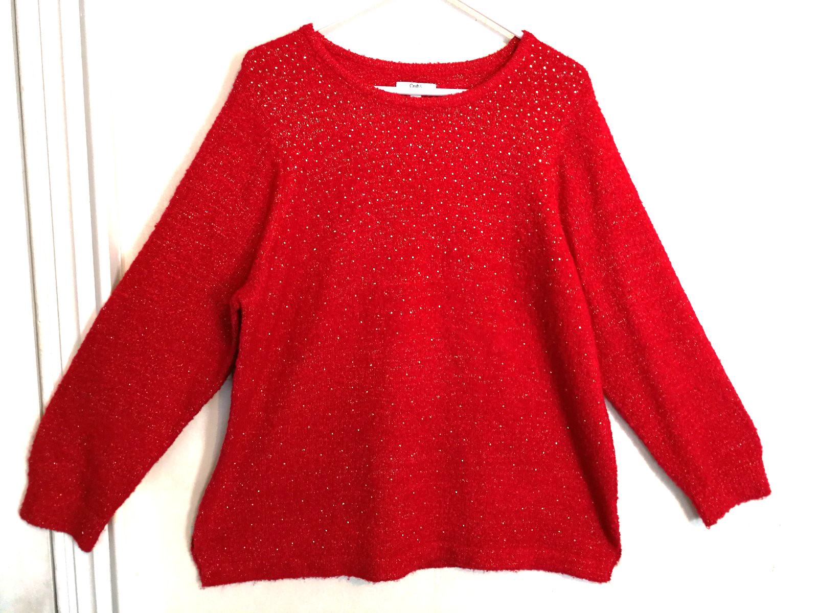 Croft & Barrow Womens Sweater 1X Plus Red Rhinestone Knit Soft Comfy Long Sleeve