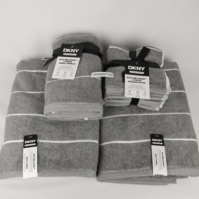 8 Set DKNY Dark Gray & White Stripe Towels 2 Bath & 2 Hand & 4 Face Cloths