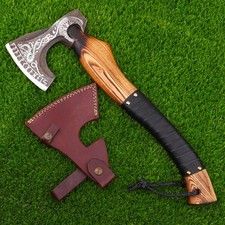 Handmade Carbon Steel Engraved Viking Axe, Hatchet with Leather Sheath