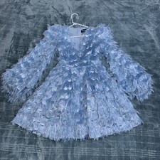 ASOS Edition Long Sleeve Fringed Jacquard Glittery Mini Dress Blue Sz 2