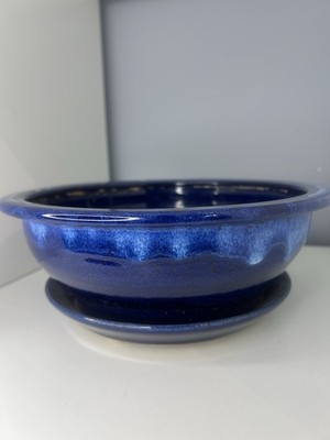 Bruning Pottery Seattle Blue Drip Glaze Planter  Attached Saucer Handmade Studio