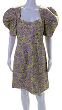 Exquise Puff Sleeve Mini Dress Green Purple Floral Jacquard US 8 EU 40