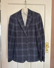 Moss London Slim Fit Blue/Grey Check 2-Piece Suit 40R Jacket 30W Short