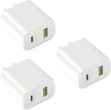 USB C Charger Block，3-Pack Wall Charging Adapter，20W Dual-Port USB-C and USB-A C