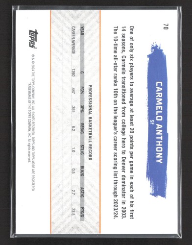 2023-24 Topps Motif - Gallery Certification Carmelo Anthony #70 /25 Orange - Picture 2 of 2