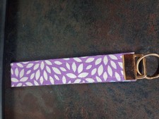 Purple White Floral Fabric Wristlet Key Chain Strap w/ Metal Key Ring