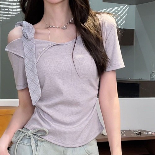 T-shirt femme mode nœud papillon épaules dénudées pour vêtements quotidiens - Picture 6 of 36