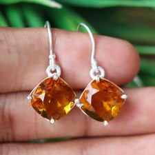 Cushion Cut Earring Gothic Boho Design: Citrine Dangle Earrings, Yellow
