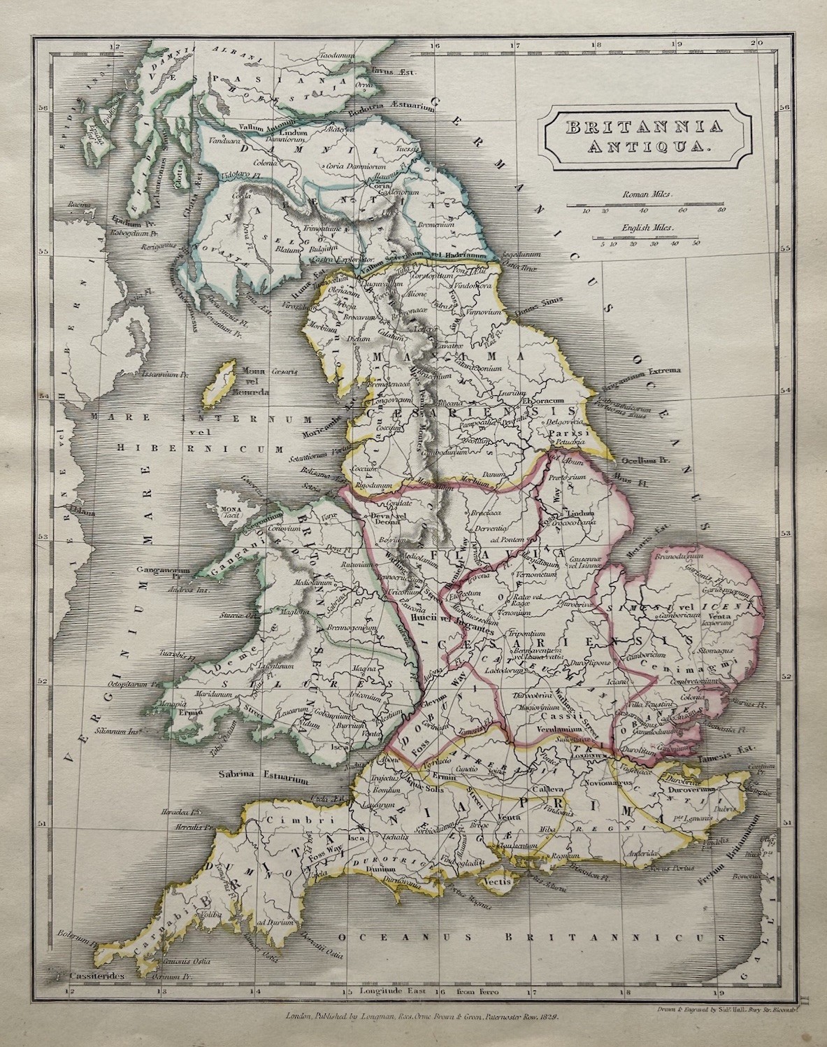 Antica mappa colorata a mano 1829 Britannia Britannia di Sidney Hall