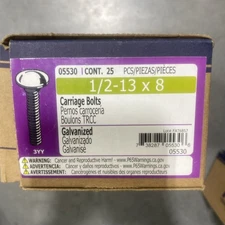 05530 MIDWEST FASTENERS BOX (25) 1/2"-13 X 8" GALVANIZED CARRIAGE SCREWS BOLTS