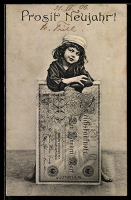 Ansichtskarte Mädchen mit Reichsbanknote über 100 Mark, Neujahrsgrüße, Geld 
