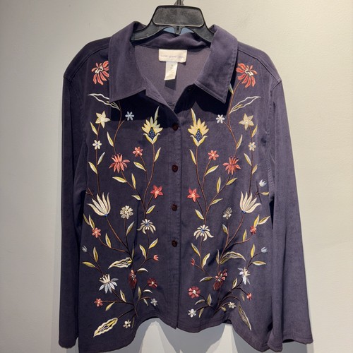 SUSAN GRAVER STYLE Shacket Jacket Shirt Navy Embroidered Floral Velour Artsy XL - Picture 1 of 6