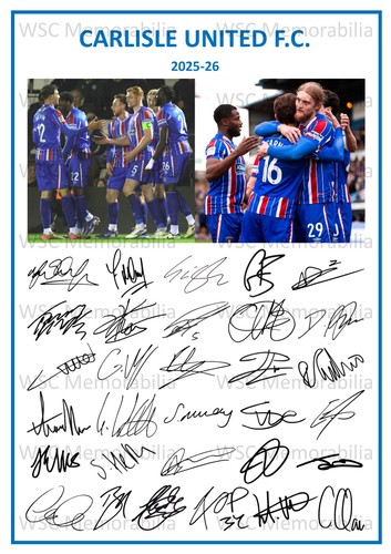 12290. 2025-26 Carlisle United Signed Team Photo Sheet (PRINTED AUTOGRAPH - A4)
