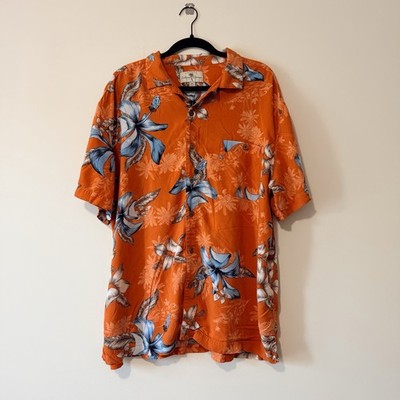 Men s XXL Island Resortwear Tropical Button Down Shirt Orange Floral Print Rayon