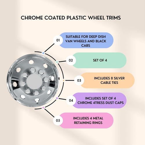 14/15/16" Chrome Deep Dish Wheel Trims Hub Cap Covers 4TRESS Dust Caps, Ties - Picture 16 of 16