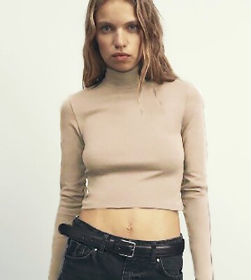 Zara Women's Long Sleeve Stretch Cropped Mock Neck Top Tan (Sand) Medium- NWT