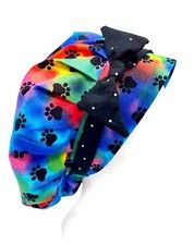 Scrub caps, bouffant hat, Dog Paws on Rainbow modern bouffant with side knot bow