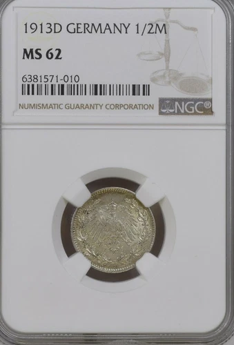 1913 D Germany, Empire. Wilhelm II AR 1/2 Mark. Munich . NGC MS 62 .Top Pop