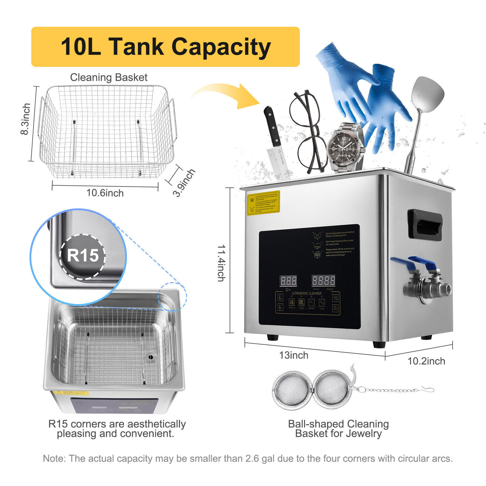 10L Ultrasonic Washing Machine With Cleaning Basket 250W For Cleaning Jewelry