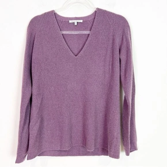 SUÉTER MUJER REBECCA MINKOFF CACHEMIR PÚRPURA MANGA LARGA ACANALADO CUELLO EN V TALLA XS Foto 2 de 4