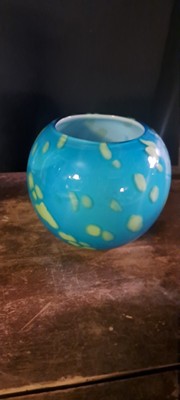 Beautiful Turquoise Aqua  Yellow Spattered Flat Round Art Glass Vase Hand blown