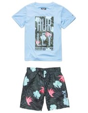 HURLEY 2T Toddler Boys Rashguard Swim Set 2 Pc Outfit Blue Black Tropical Trunks