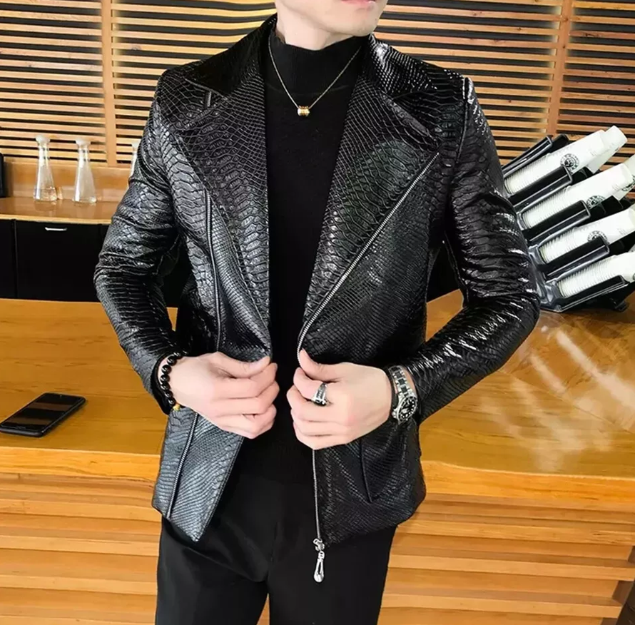 Men's Italian Shiny Black Leather Jacket Luxury Python Embossed