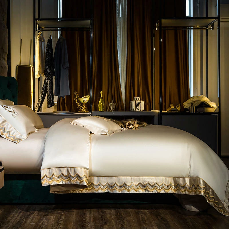  Bedding Set 4 Pcs Real Silk & Cotton Lace Embroidery Quilt Cover Flat Sheet Set - Image 3 of 4