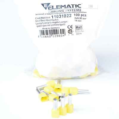 100x Elematic Ferrules Insulated 2x 6mm² 14mm Yellow Twin Made in Germany