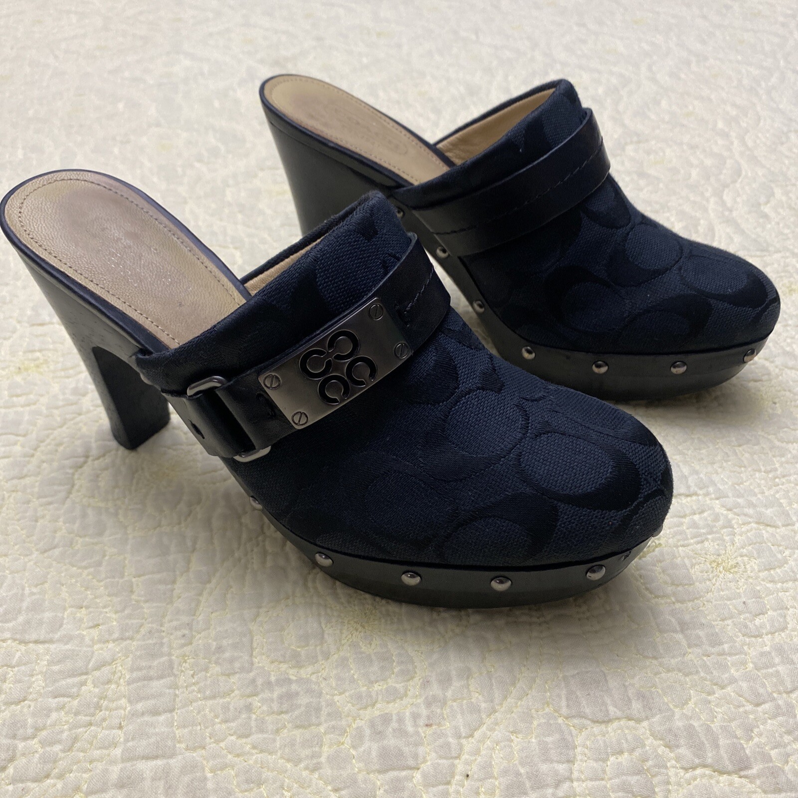 Coach Women's Ivy Black Signature Heels Clogs Mules S… Gem