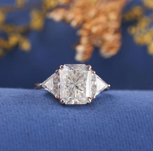 2.50 Ct Colorless Radiant Cut Moissanite Three Stone Wedding Ring 10k Rose Gold  - Picture 1 of 6