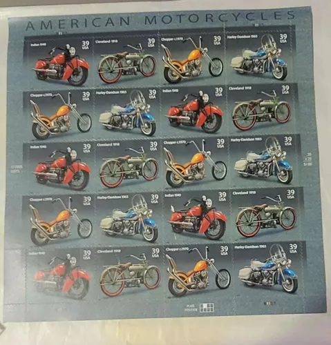 2005 Sheet Of 20  AMERICAN MOTORCYCLES 39¢ US Postage Stamps 